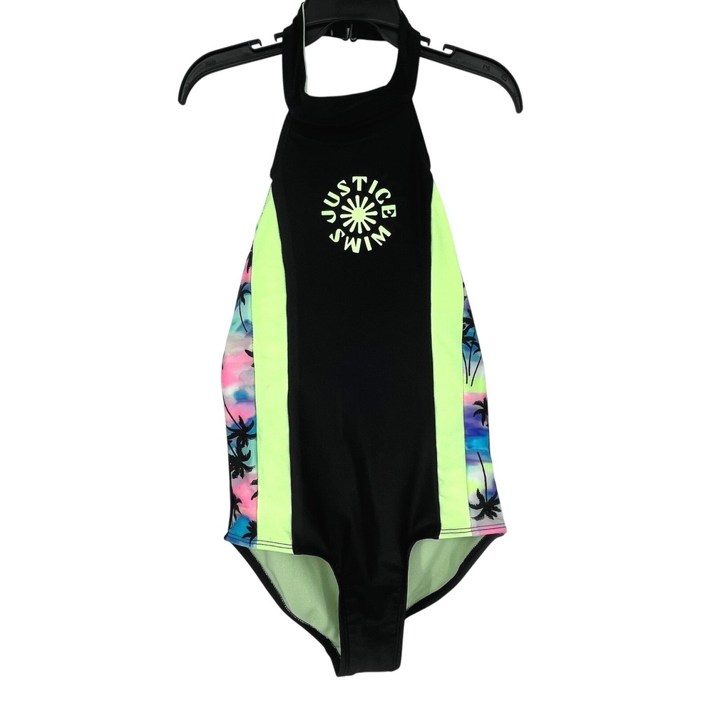 Justice Colorblock Palm Tree One Piece Swimsuit Girls S 7/8 Black High Neck